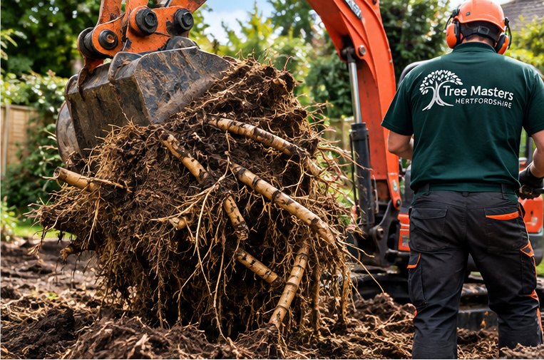 An excavator lifting an intact mass of bamboo rhizomes clear of the ground
