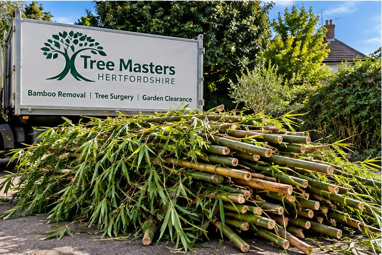 Cut bamboo canes stacked beside the Tree Masters truck