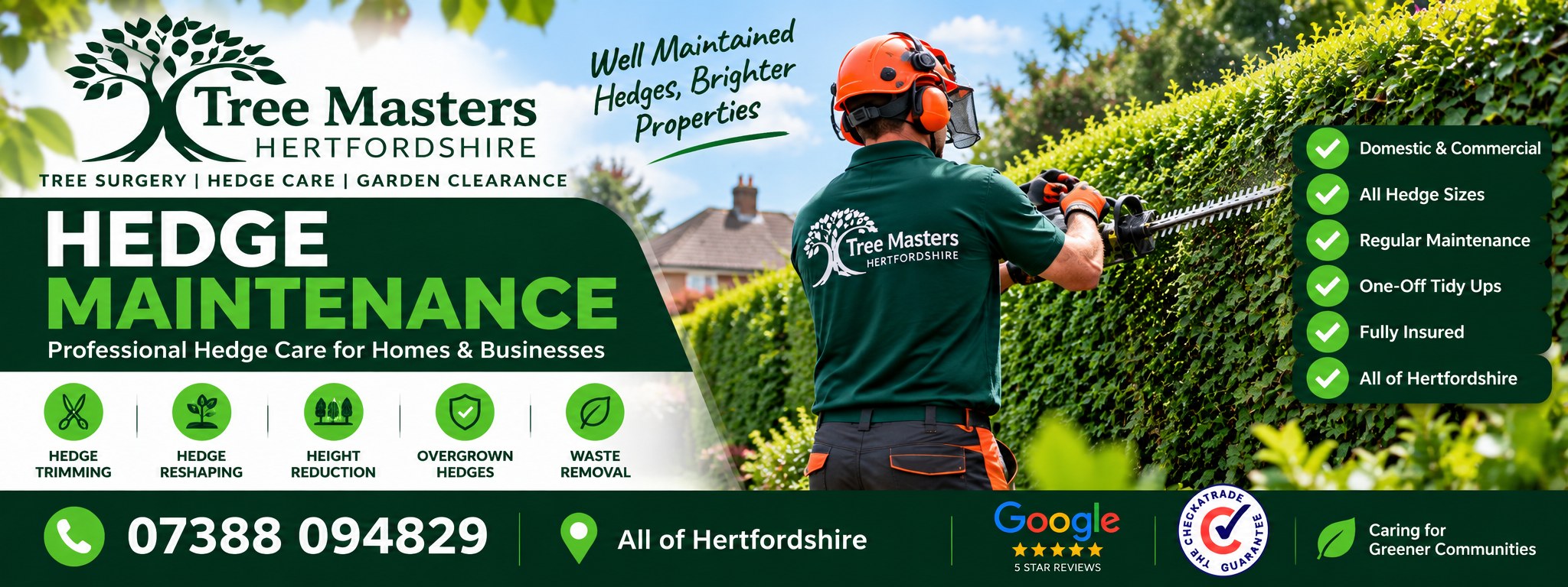 Tree Masters Hertfordshire hedge maintenance - an operative trimming a garden hedge with a long hedge trimmer