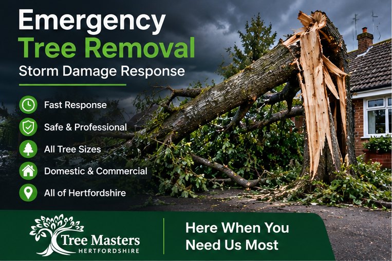 A storm-damaged tree split at the trunk beside a house