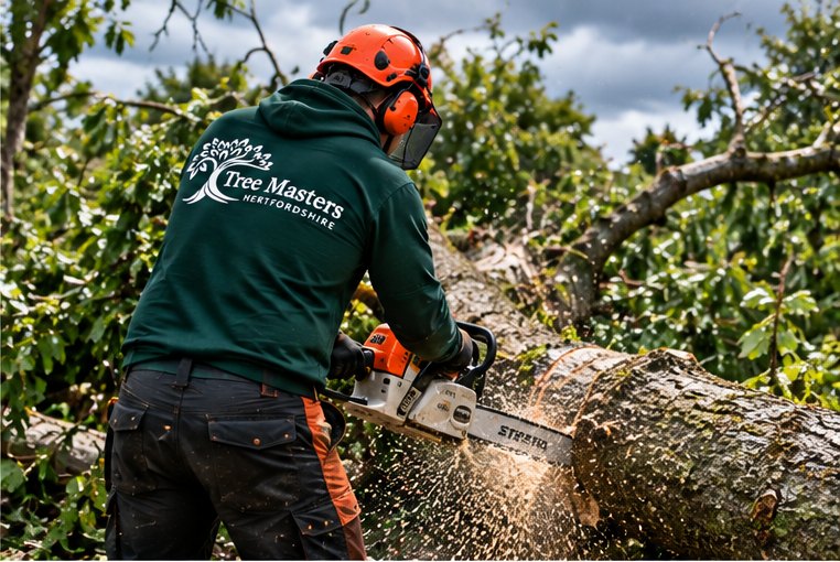 An arborist cutting up a fallen storm-damaged tree