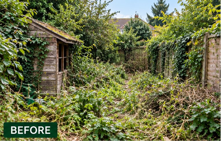 A heavily overgrown garden before clearance