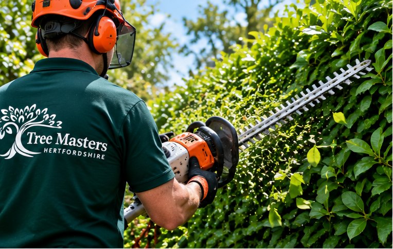 Close work with a hedge trimmer on a garden hedge