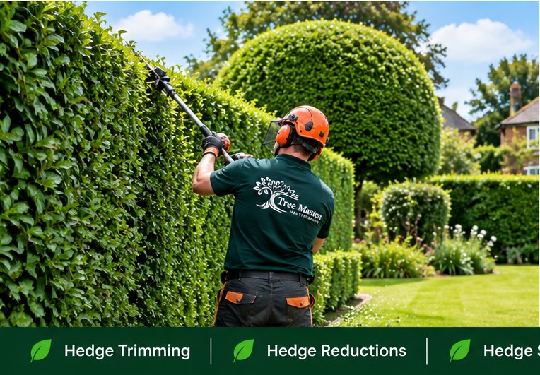 A tall hedge being trimmed with a long-reach trimmer