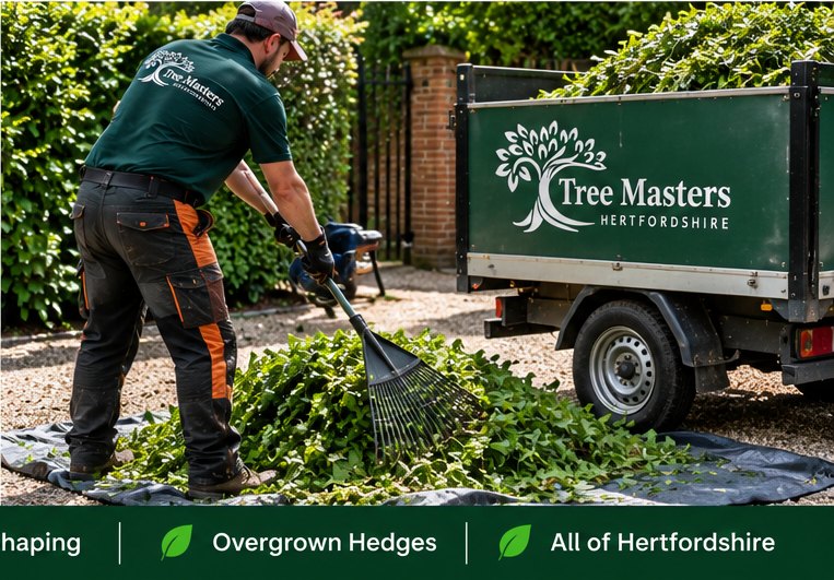 Hedge clippings being raked up and loaded for removal