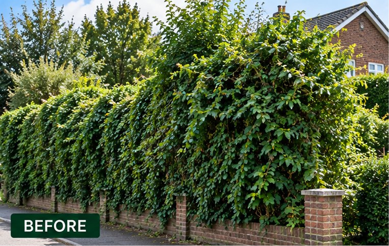 An overgrown hedge before reduction work