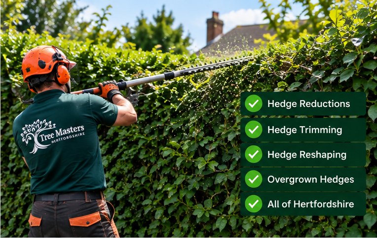An arborist reducing the height of a mature hedge