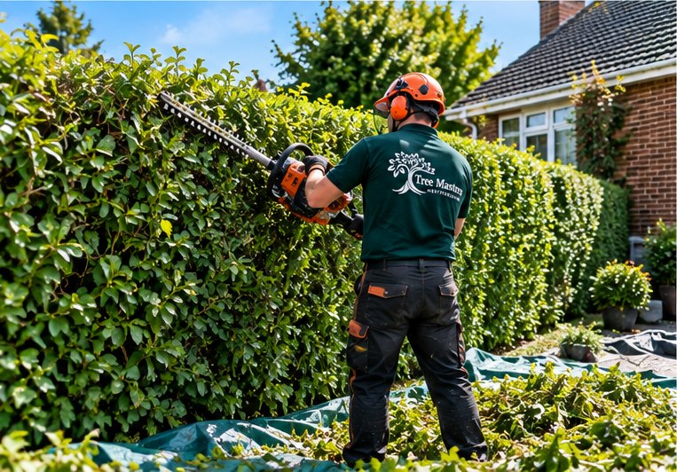 A hedge being cut back hard along a boundary