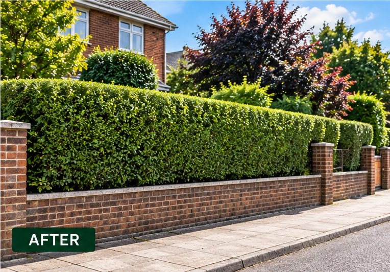 A neatly reduced hedge photographed after the work