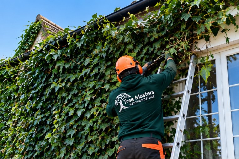 An arborist on a ladder clearing ivy from a house wall and roof edge