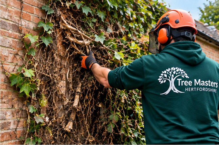 Severed ivy stems exposed against brickwork after being cut through