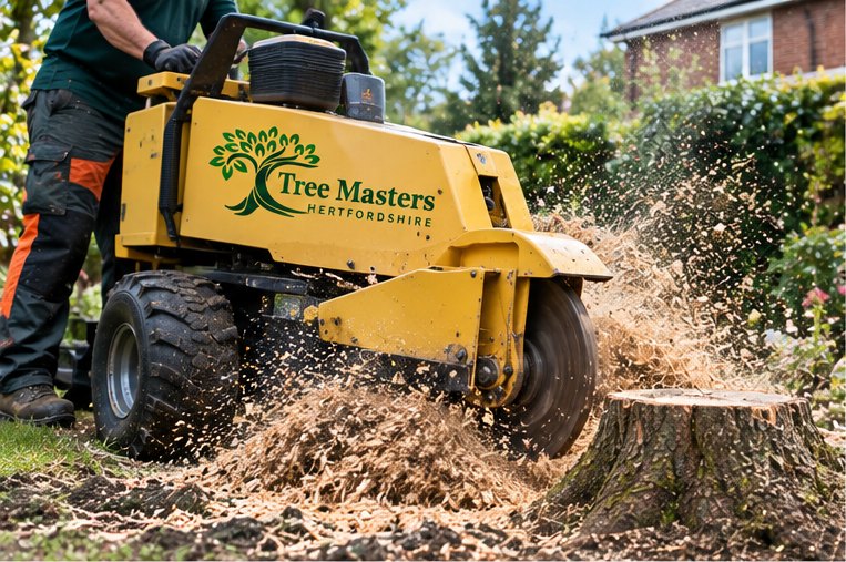 A stump grinder cutting into a tree stump