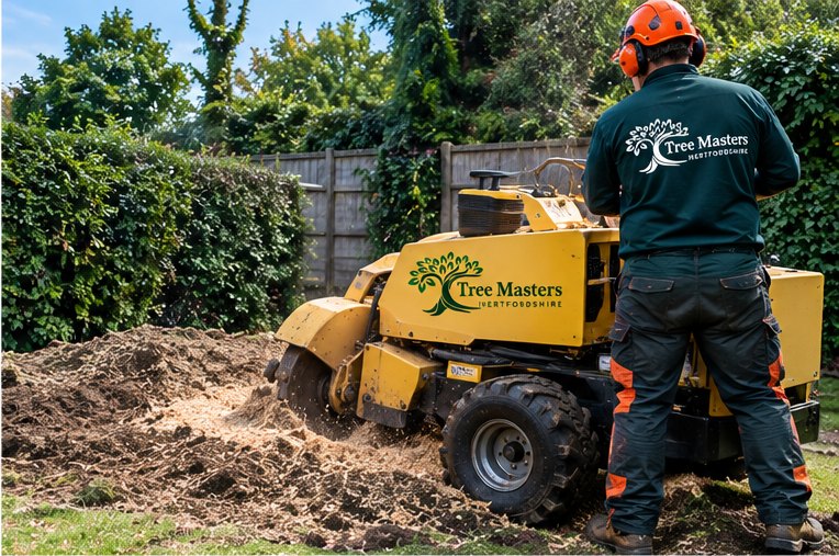 A Tree Masters stump grinder working through a large stump