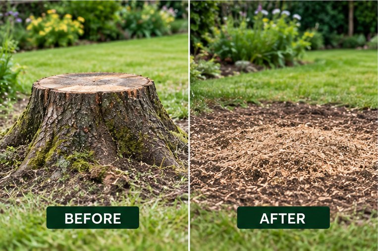 A tree stump before and after grinding