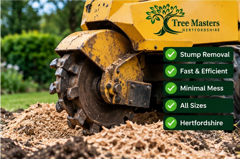 The cutting wheel of a stump grinder in the grindings