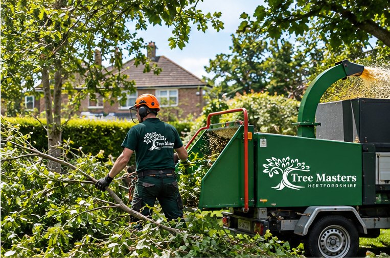 Cut brash being fed into a Tree Masters wood chipper