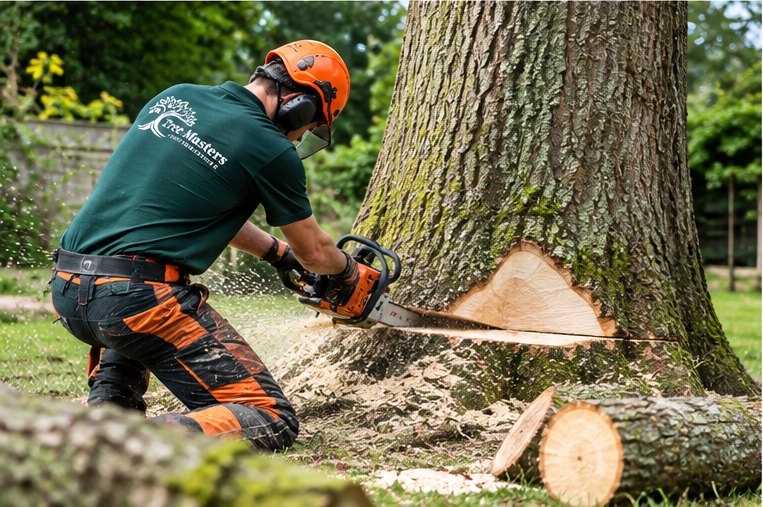 An arborist sectioning a felled trunk with a chainsaw