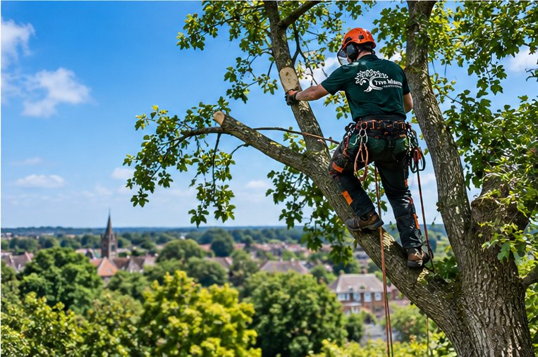 A climbing arborist roped into the crown of a large tree