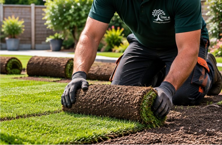Rolls of turf being laid and butted up tight