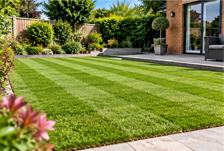 A freshly laid striped lawn beside a patio